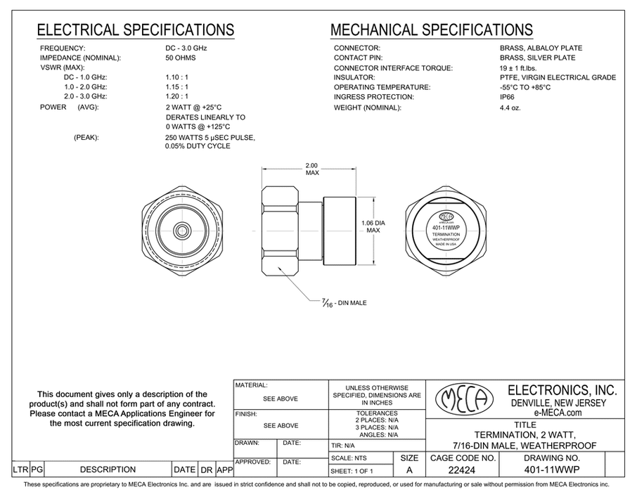 401-11WWP 7/16 DIN-Male RF Terminations electrical specs