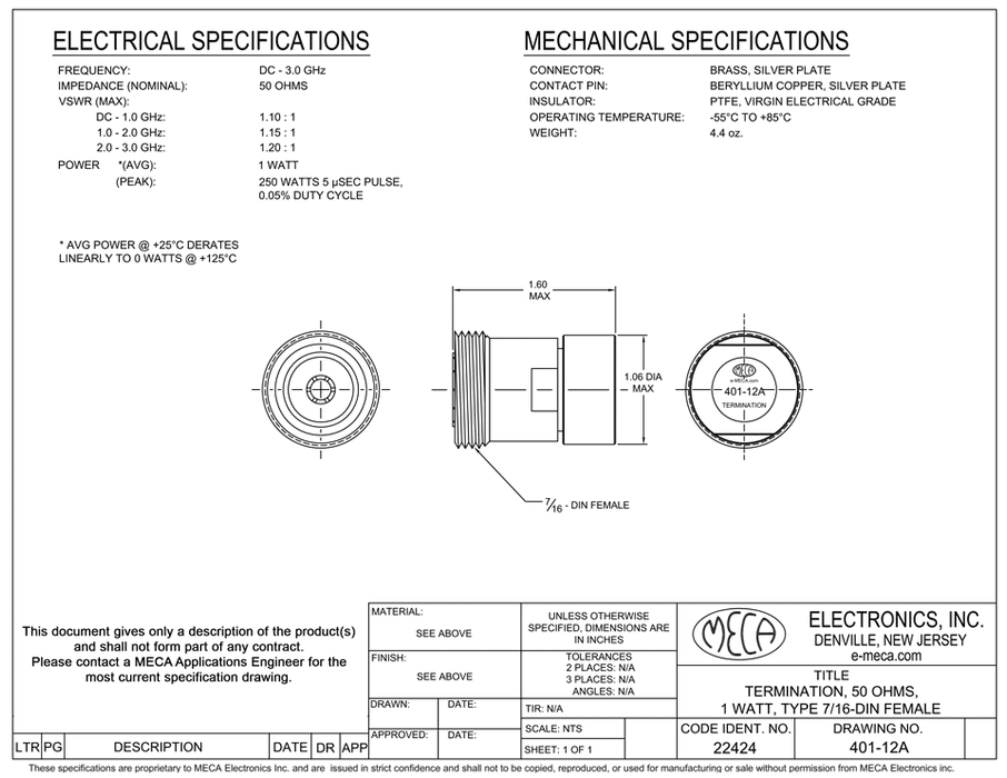 401-12A 7/16 DIN-Female RF Termination electrical specs