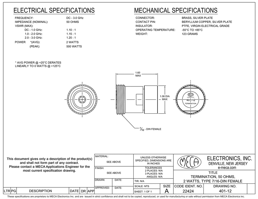 401-12 7/16 DIN-Female RF Loads electrical specs