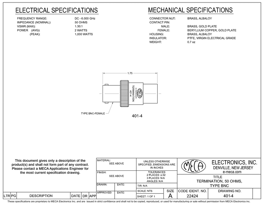 401-4 BNC Female Termination electrical specs