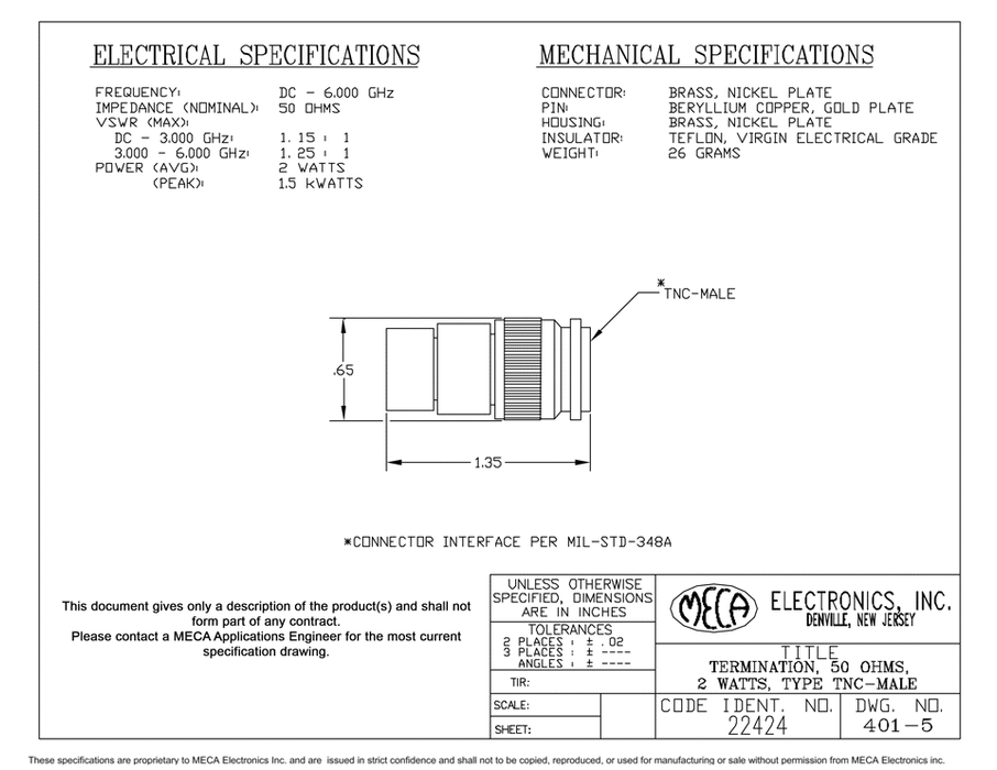401-5 TNC-Male Termination electrical specs