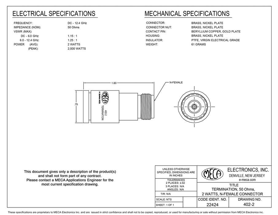 402-2 Terminations 2W electrical specs