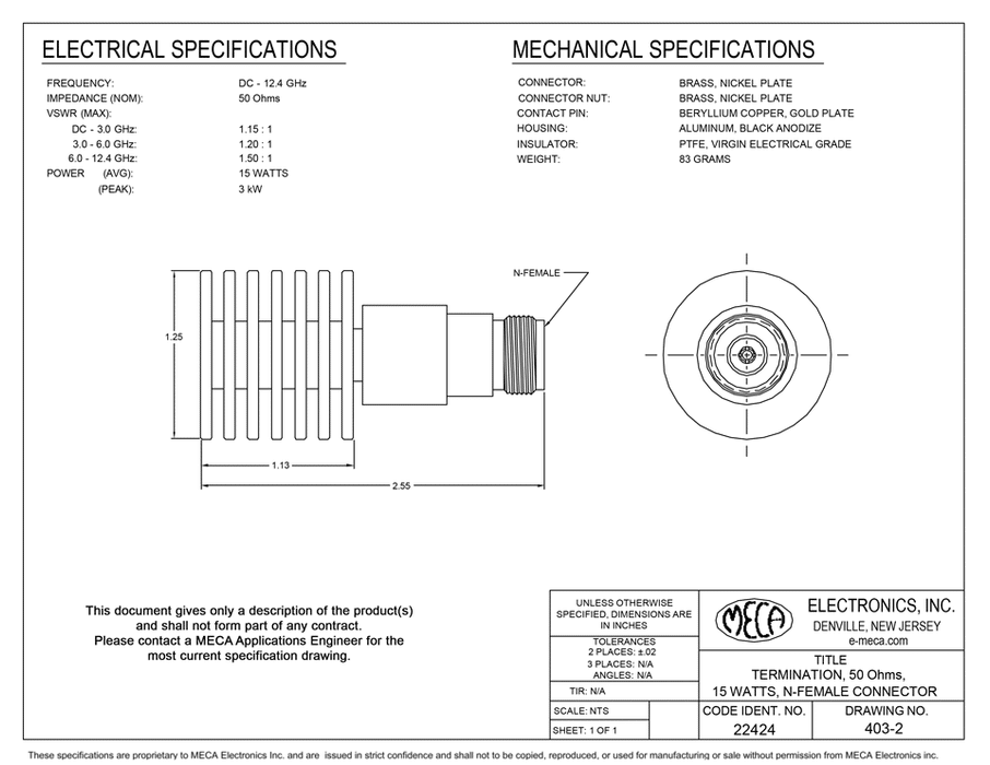 403-2 RF Load electrical specs