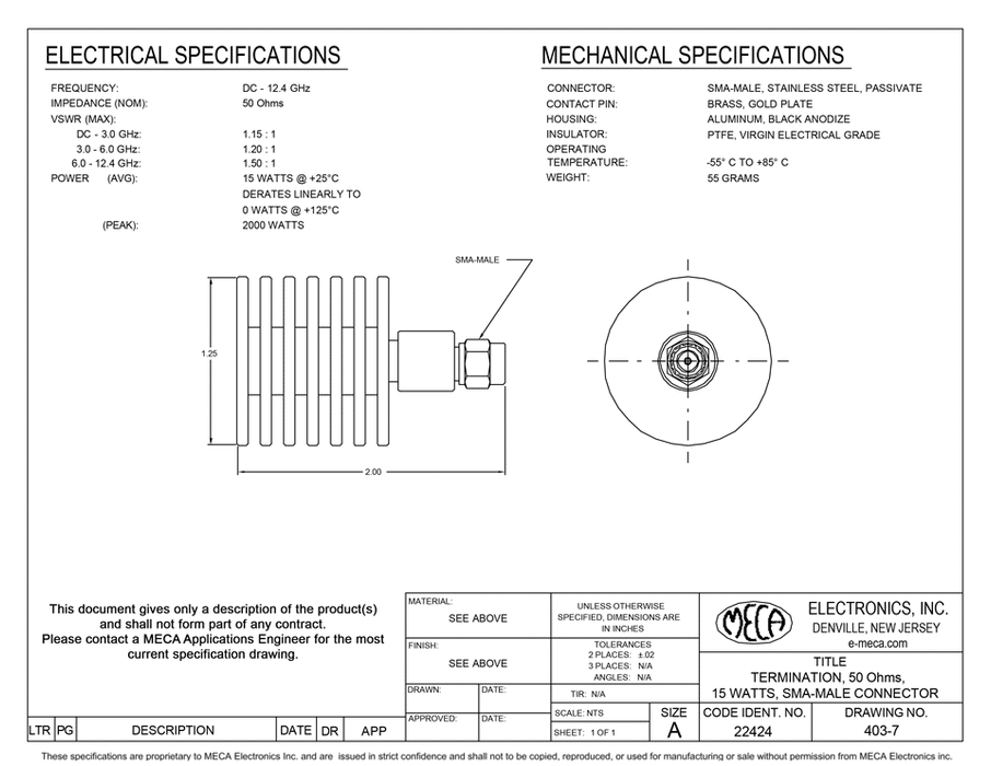 403-7 15 Watts RF Termination electrical specs