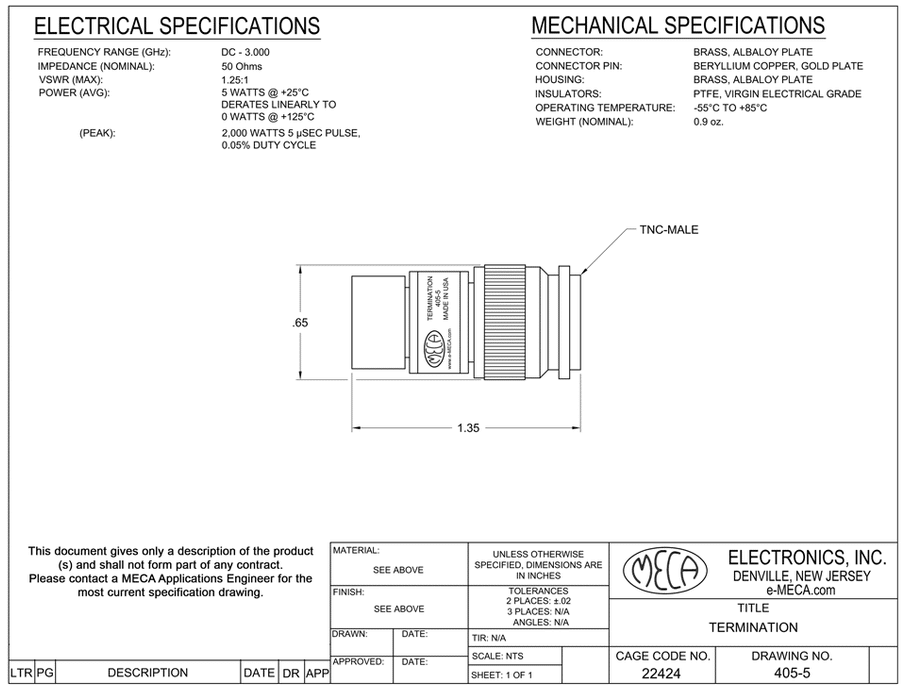 405-5 TNC-Male Termination electrical specs