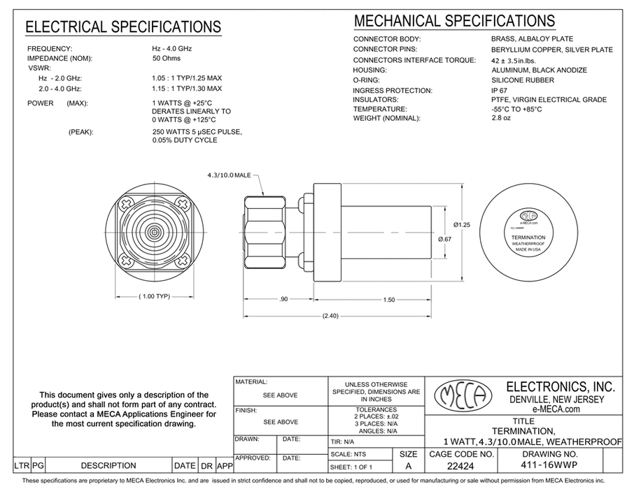 411-16WWP RF/Load/Terminations electrical specs