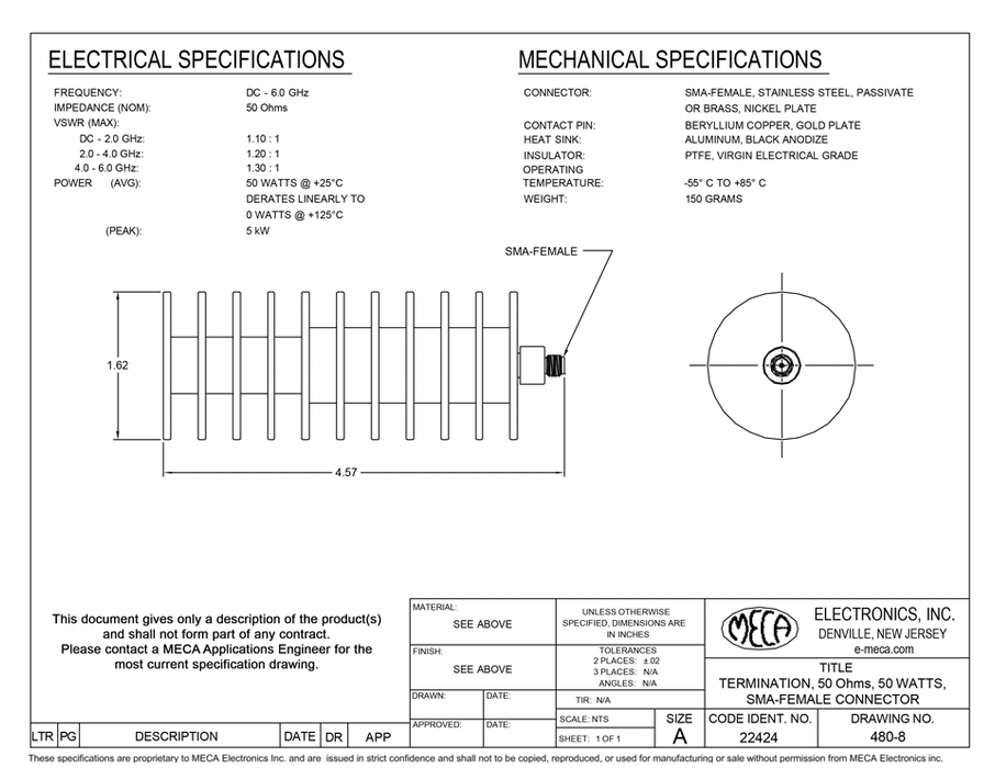 480-8 Microwave/Terminations electrical specs