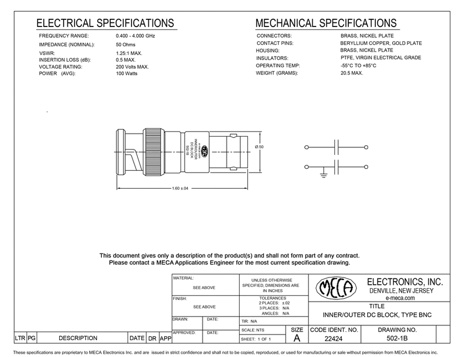 502-1B DC Block BNC electrical specs
