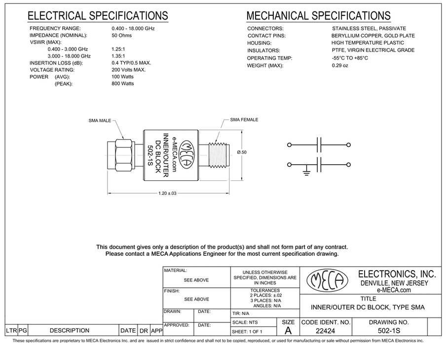 502-1S DC Block SMA electrical specs