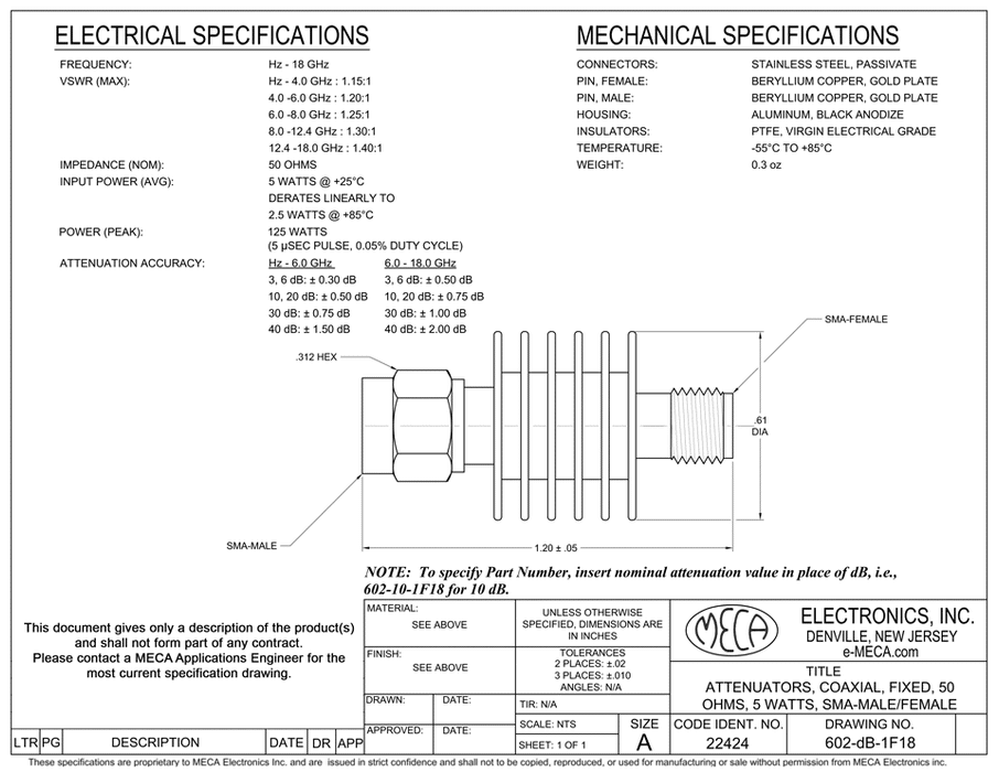 602-40-1F18 SMA Fixed Attenuator electrical specs