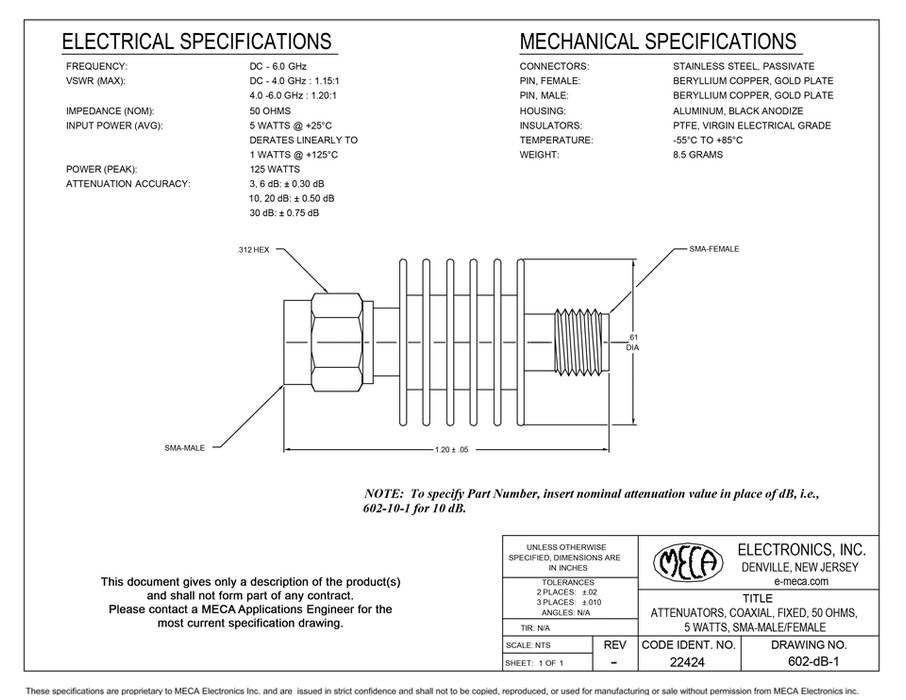 602-10-1 Coaxial Attenuator electrical specs