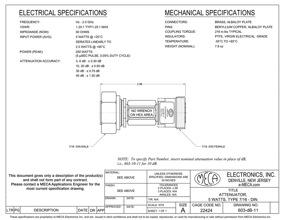 603-20-11 7/16 DIN Male/Female Attenuator electrical specs