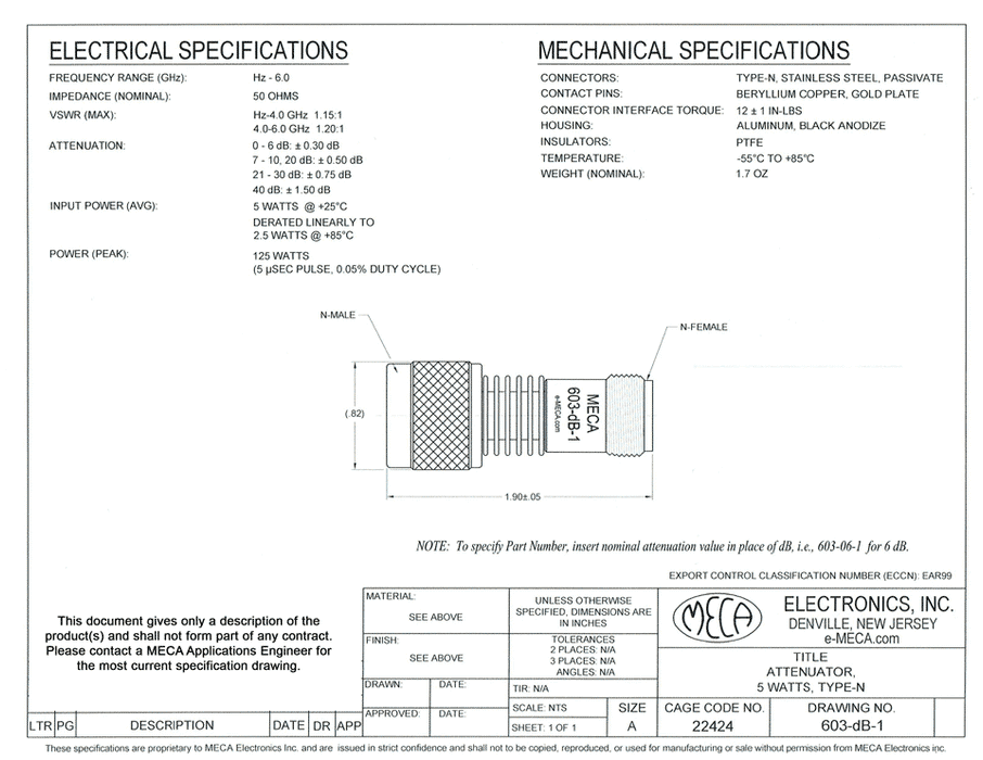 603-09-1 N-Male to N-Female Fixed Attenuators electrical specs