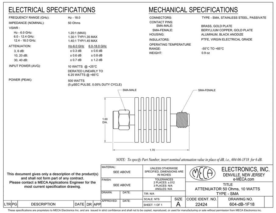 604-10-1F18 SMA-Male to SMA-Female Attenuator electrical specs
