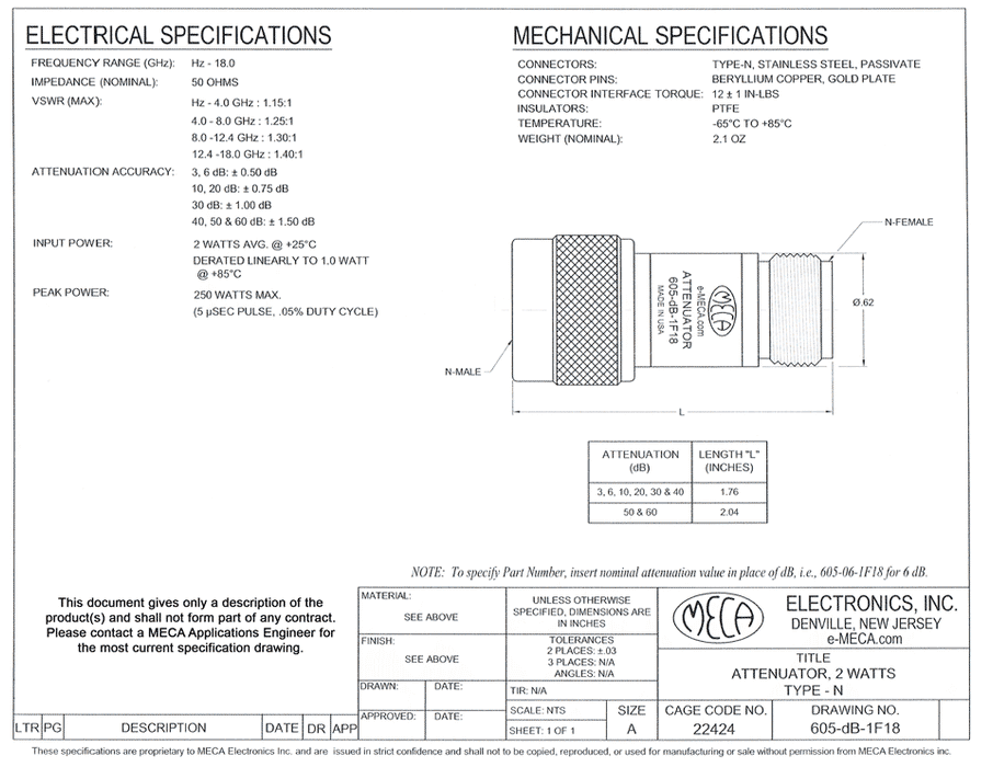 605-20-1F18 2W Attenuator electrical specs