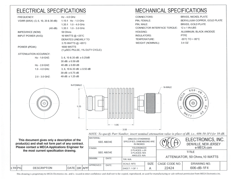 606-03-1F4 N-Type Attenuator electrical specs