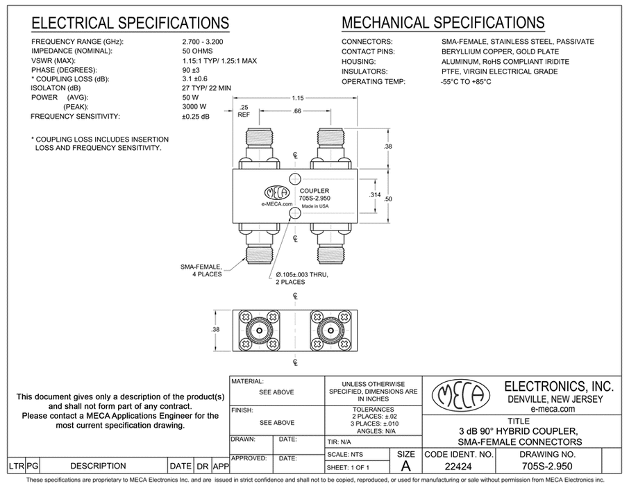 705S-2.950 SMA-Female 3dB Hybrid Coupler electrical specs