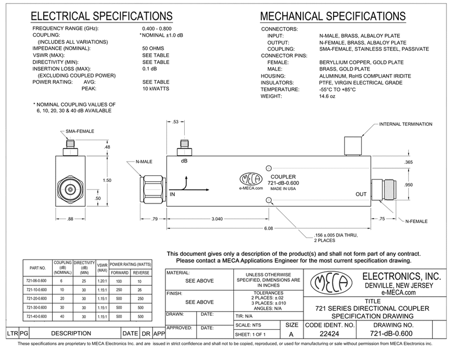 721-30-0.600 RF/Directional Coupler electrical specs