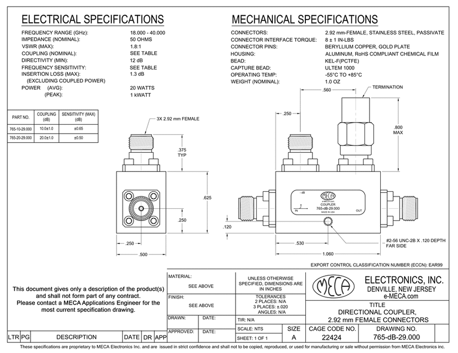 765-10-29.000 Millimeter-Wave Directional Coupler electrical specs