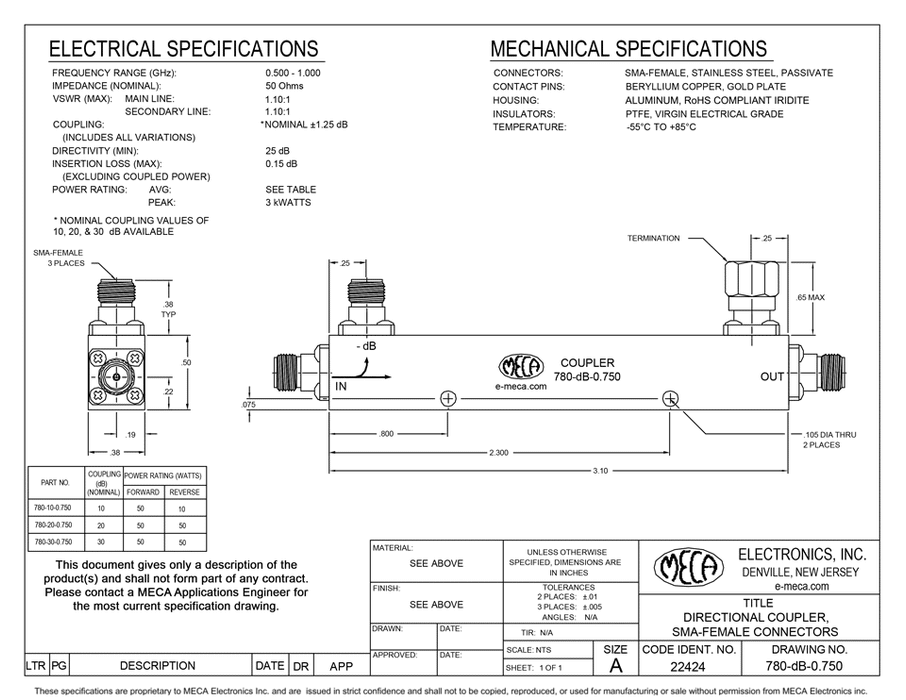780-10-0.750 50 Watts Stripline RF Directional Coupler electrical specs