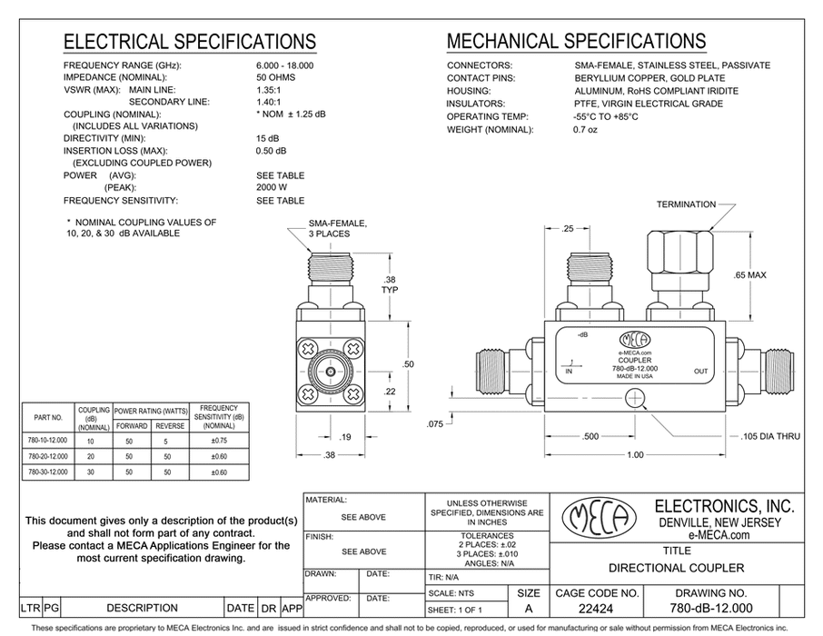 780-30-12.000 RF/Directional Coupler electrical specs