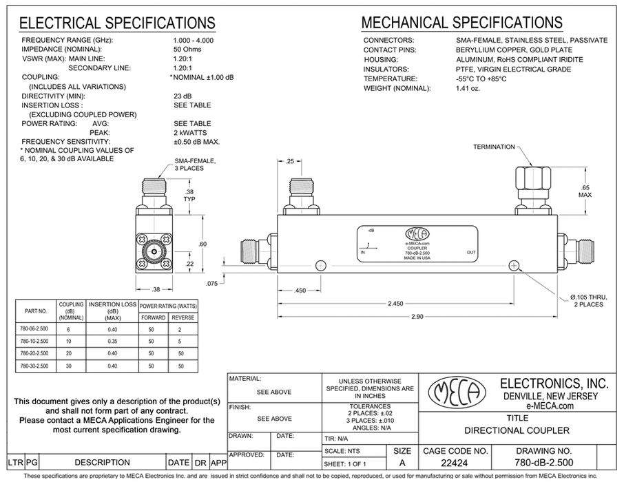 780-10-2.500 50 W Directional Couplers electrical specs