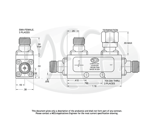 780-10-3.000 RF Directional Coupler SMA-Female connectors drawing