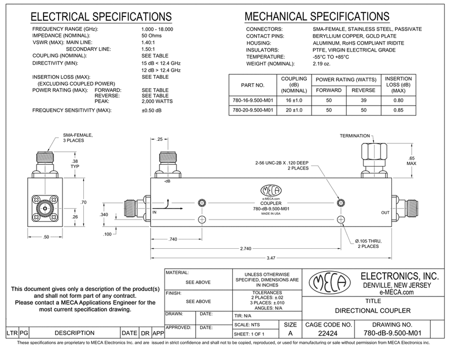 780-20-9.500-M01 SMA Directional Couplers electrical specs