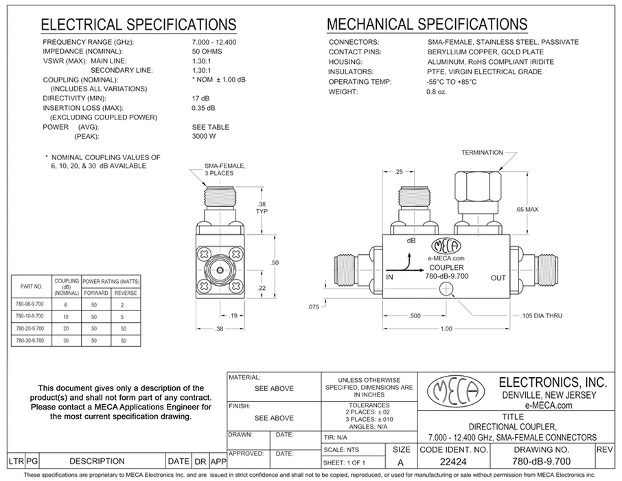 780-10-9.700 Directional Coupler electrical specs