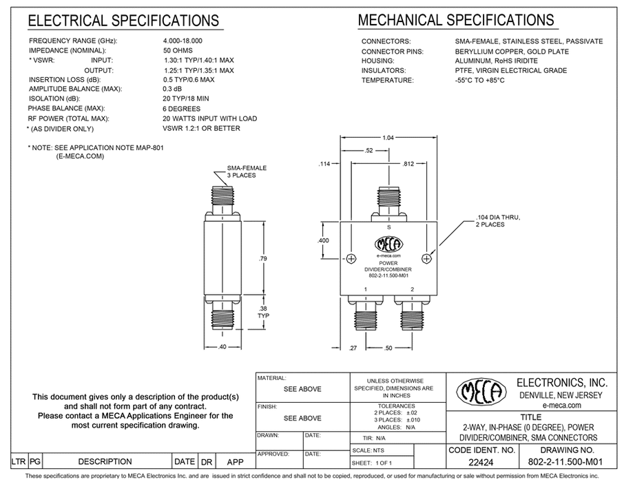 802-2-11.500-M01 SMA F Power Divider electrical specs