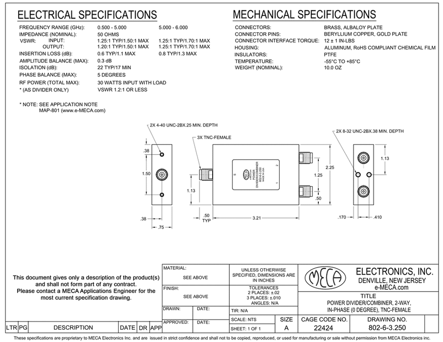 802-6-3.250 TNC-Female Power Divider electrical specs