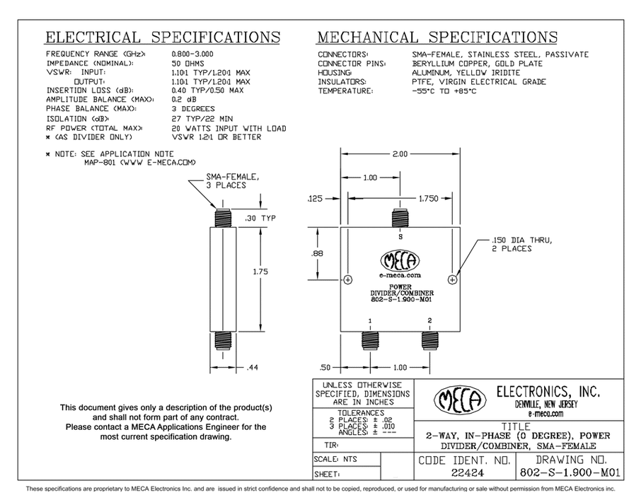 802-S-1.900-M01 SMA Power Dividers electrical specs