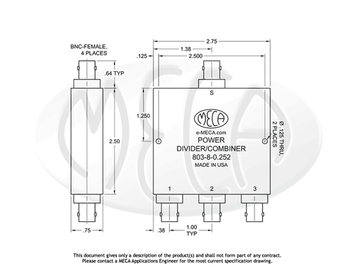 803-8-0.252 Power Divider BNC-Female connectors drawing