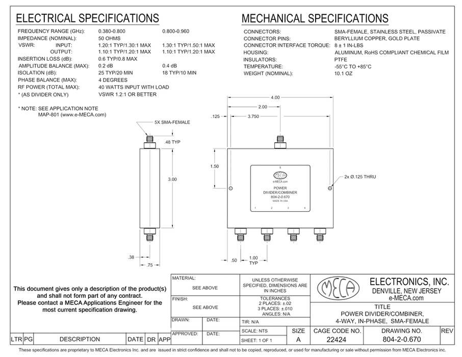 804-2-0.670 4-W SMA-F Power Divider electrical specs
