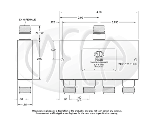 804-4-3.100 Power Divider N-Female connectors drawing