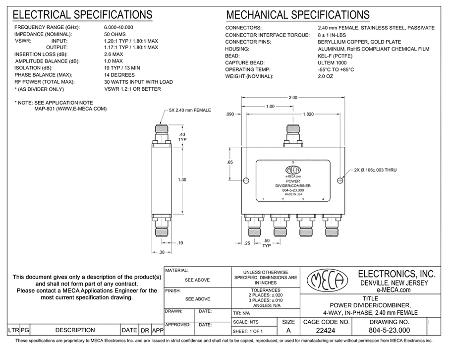 804-5-23.000 2.4mm-F Power Divider electrical specs
