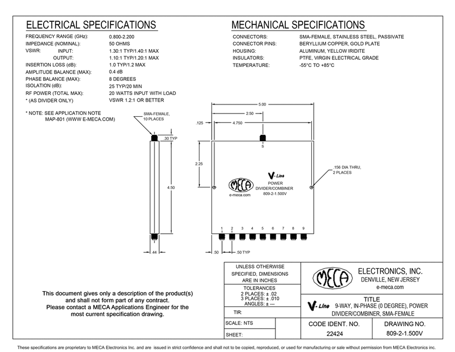 809-2-1.500V 9-Way SMA-Female Power Divider electrical specs