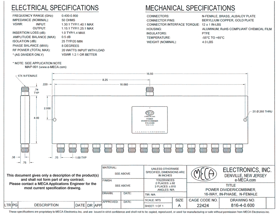 816-4-0.600 16 Way N-Female Power Divider electrical specs