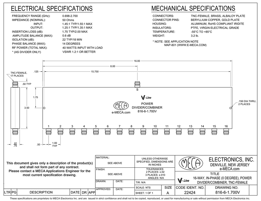 816-6-1.700V 16W TNC-Female Power Divider electrical specs