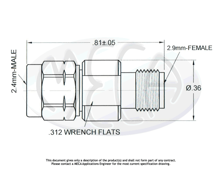 ALM-KF Adapter 2.4mm Male to 2.9mm Female connectors drawing
