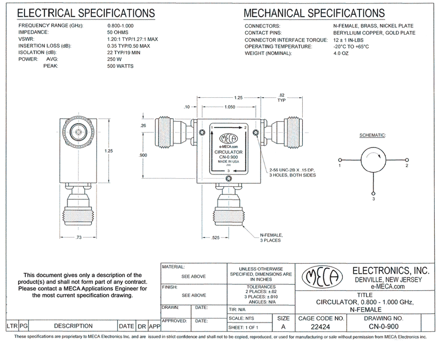 CN-0.900 RF Circulator electrical specs