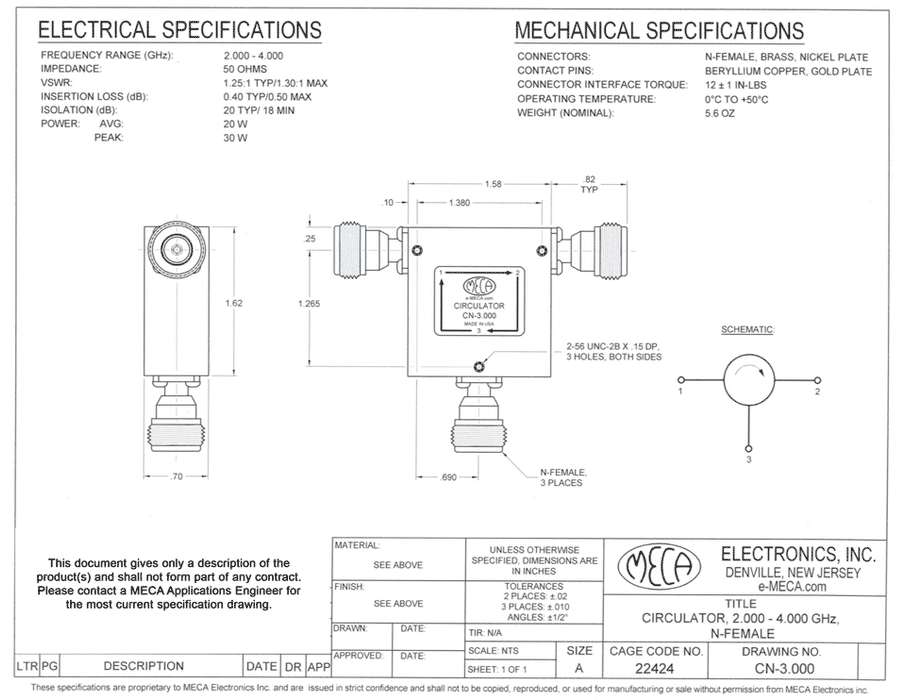 CN-3.000 Microwave Circulator electrical specs N-Female