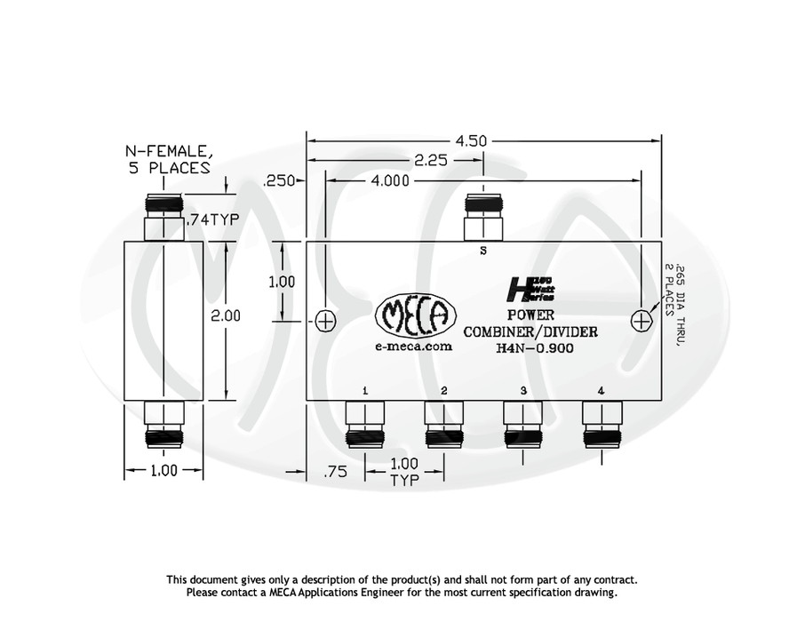 H4N-0.900 Power Divider N-Female connectors drawing