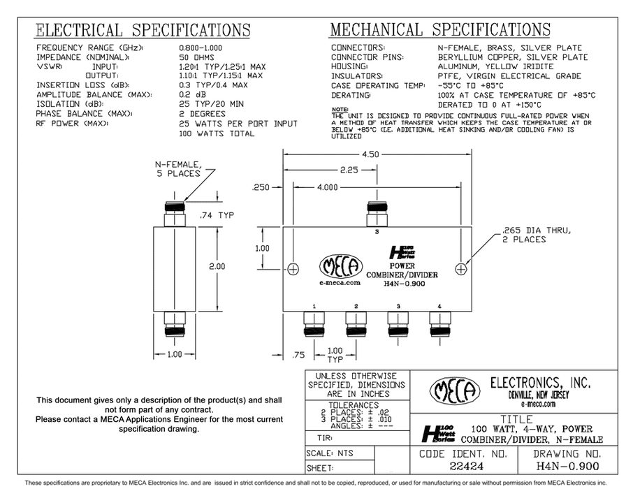H4N-0.900 4 W N-Female Power Divider electrical specs