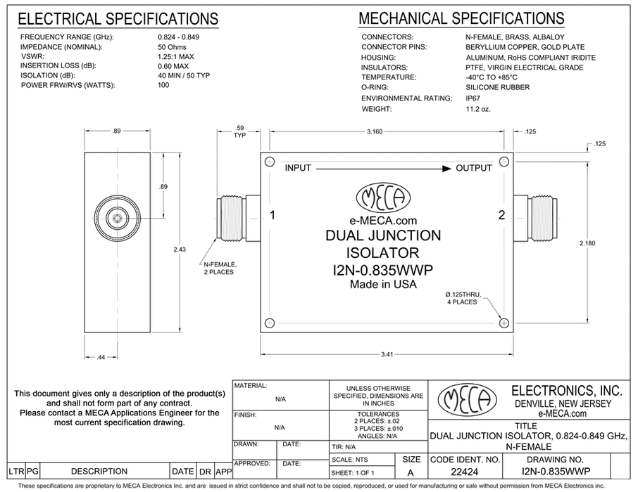 I2N-0.835WWP RF Isolator electrical specs