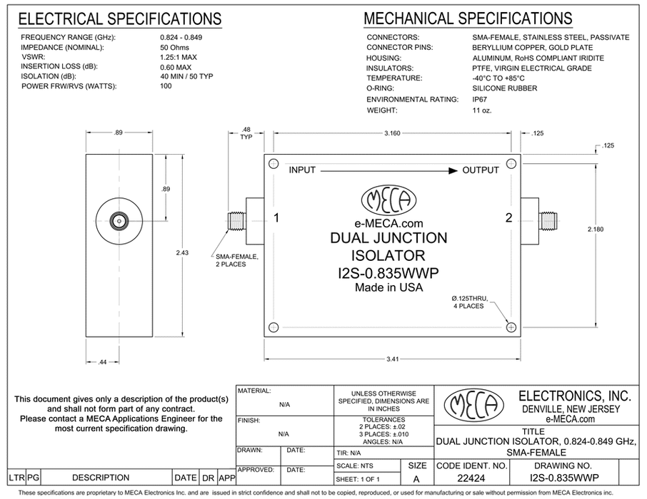 I2S-0.835WWP Isolator electrical specs