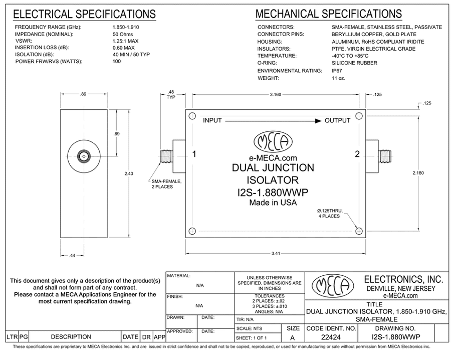I2S-1.880WWP Isolators electrical specs