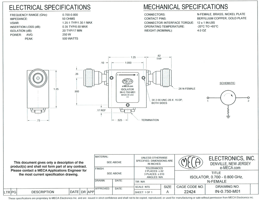 IN-0.750-M01 Isolator electrical specs