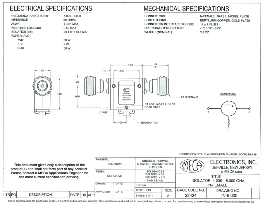 IN-6.000 Isolator electrical specs