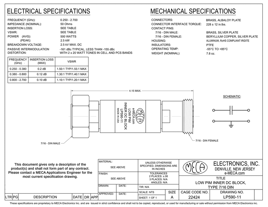 LP590-11 DC Block 7/16 DIN electrical specs
